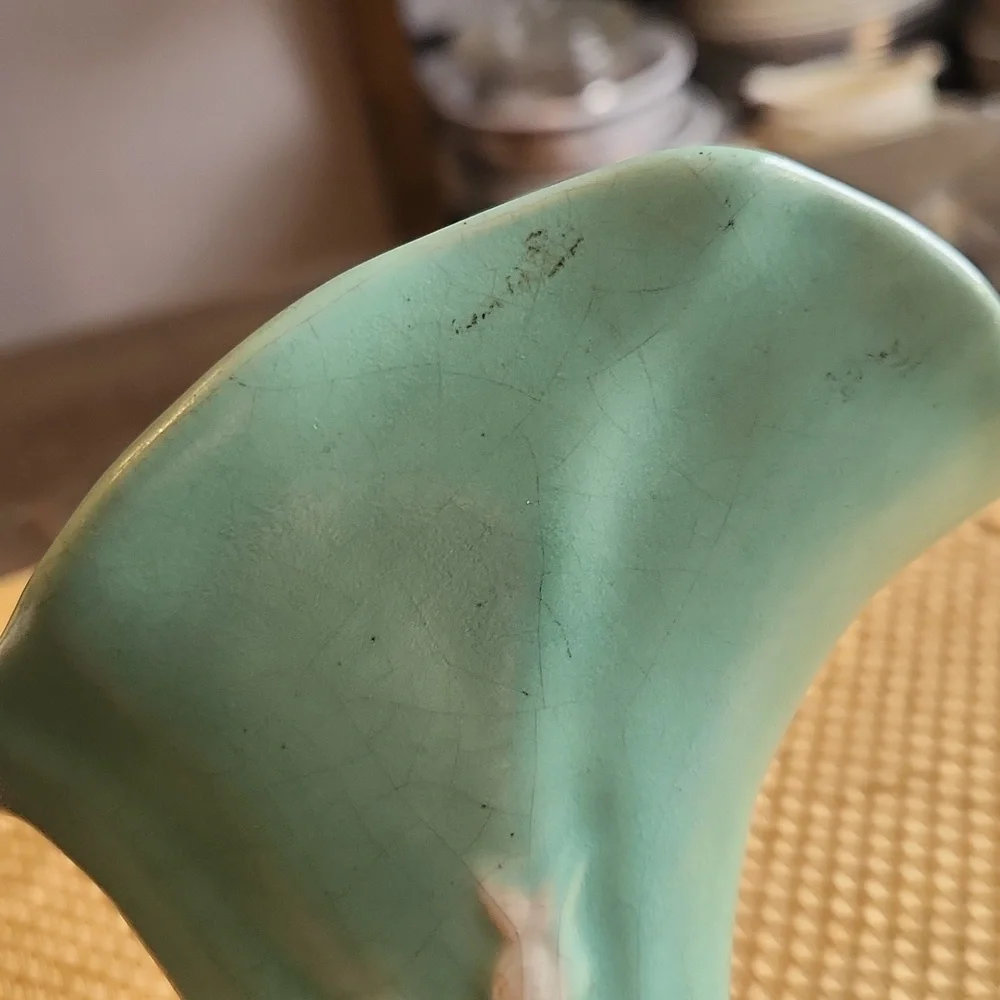 Vintage Weller Pottery Matte Green Cornucopia Vase Wild Rose Mcm